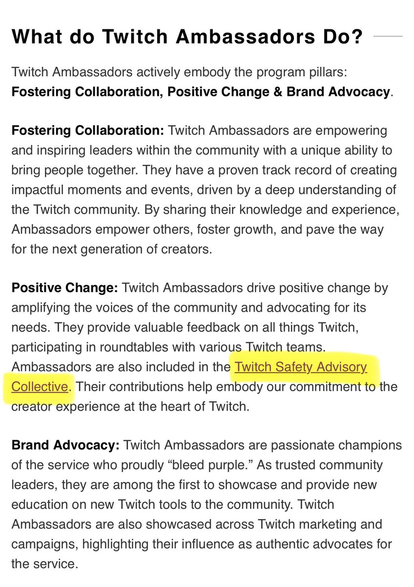 ElaraVtuber's tweet photo. You are telling me the person who has put people’s lives in danger MULTIPLE TIMES while live on stream is being given Twitch ambassador?

If you read below, Extra Emily does not embody the 3 pillars of the program.

Fun fact: Twitch Ambassadors are added to the “Twitch Safety Advisory Collective”

You can’t make this up.