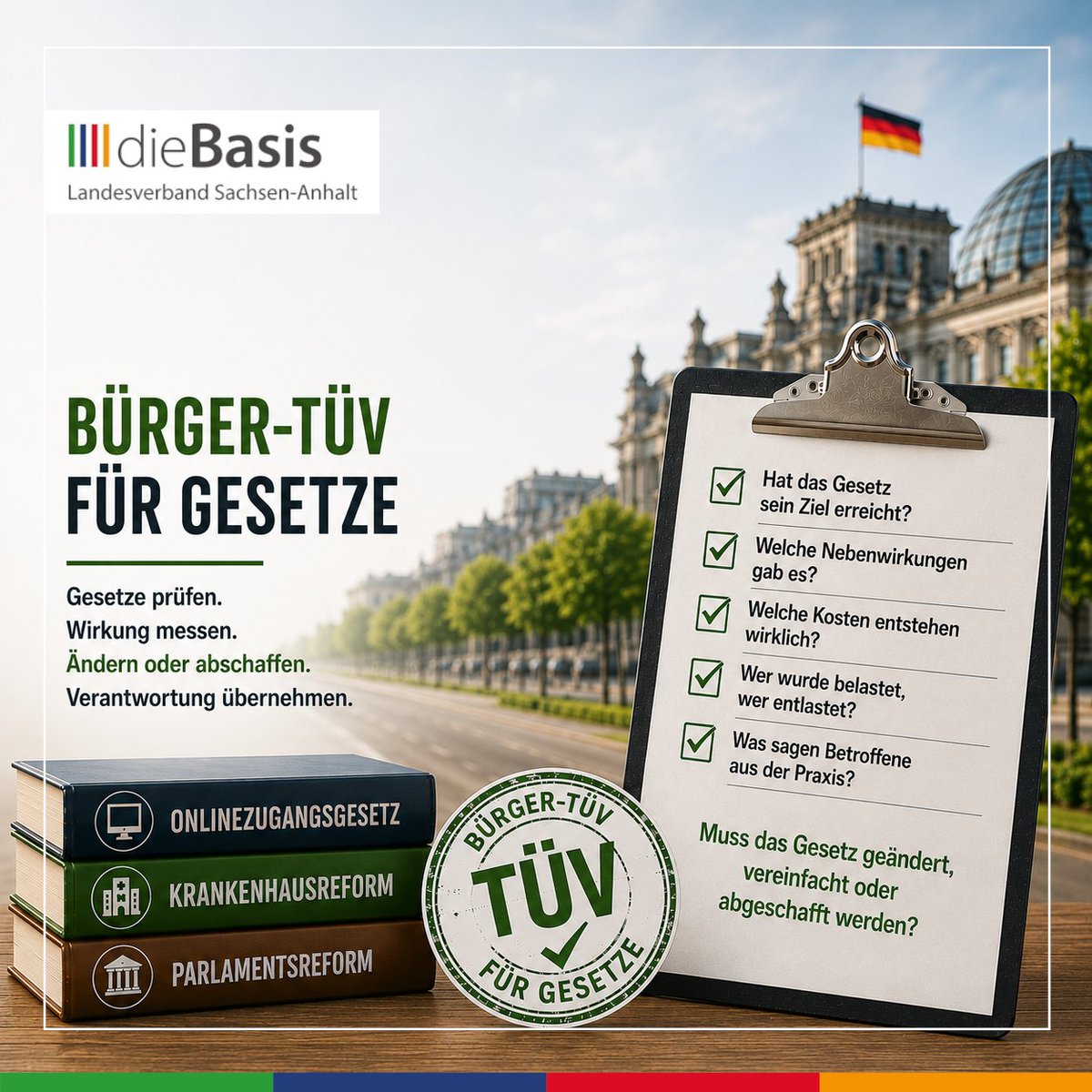 DieBasisLSA's tweet photo. Jedes Auto muss regelmäßig zum TÜV – Gesetze dürfen einfach weiterfahren
Bremsen kaputt? Licht defekt? Abgaswerte daneben? Beim Auto gibt es keine langen Ausreden. Dann heißt es „ab in die Werkstatt“.
Bei Gesetzen läuft es anders. Mehr dazu: https://t.co/wJqi5Smcq4 https://t.co/PFvhXi3h8X
