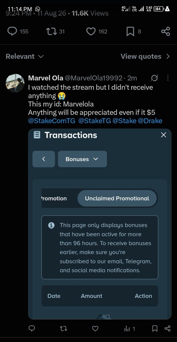 MarvelOla19992's tweet photo. @Drake @partynextdoor I watched the stream but i got nothing 😭 please @Drake anything would be appreciated even though it $5 
This is my stake id: Marvelola https://t.co/rKQoiEDwyL