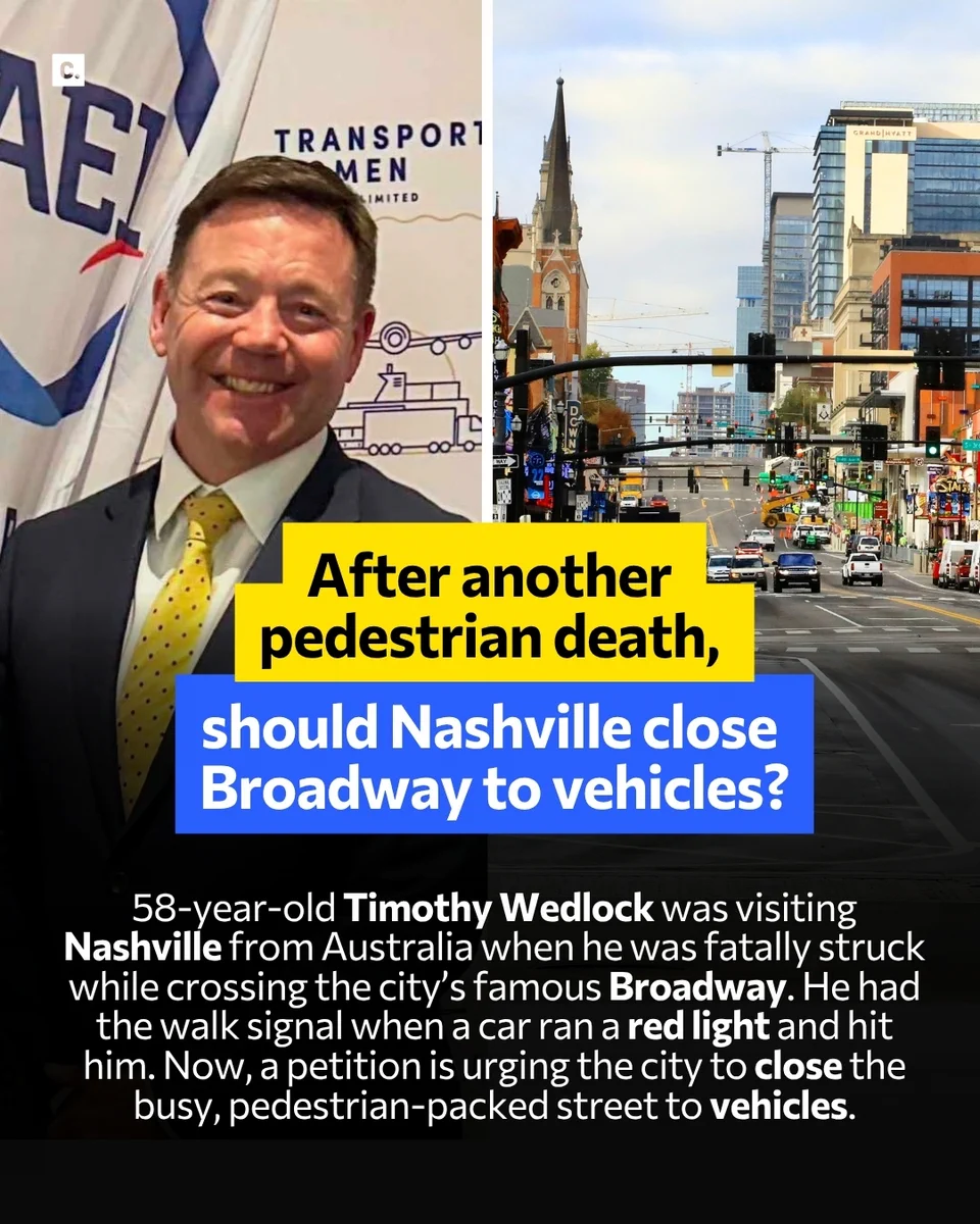 Man in suit smiling beside a banner, and a busy street in Nashville.
