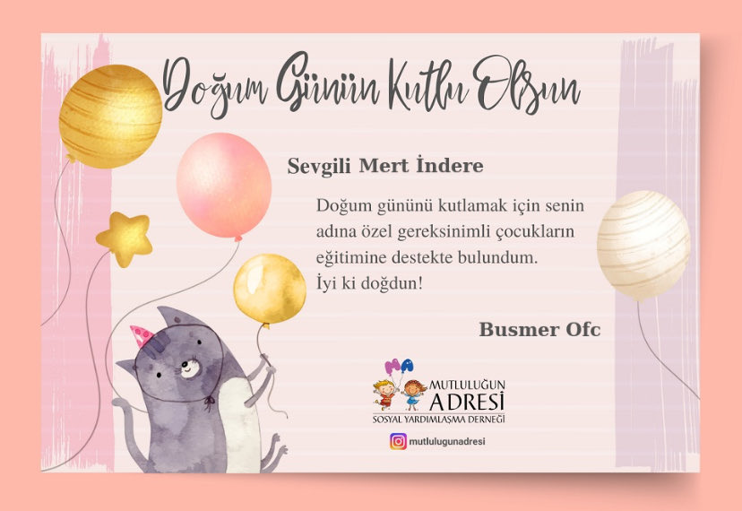 BusMerOfc's tweet photo. Bugün Mert’in doğum günü ve hayatındaki en güzel yolculuğun başlangıcı. Bu güzel günün hatırasına Mert’in adına bağışta bulunduk. Yeni yaşın sağlık, sevgi, minik mucizenizle geçireceğiniz yılların başlangıcı olsun. İyi ki doğdun ❤️

|• #busmer  |• @busseunlu  |• @merttinderee https://t.co/XFBZe0iHPG