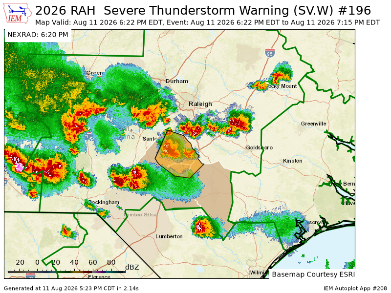 djwake1990's tweet photo. RAH issues Severe Thunderstorm Warning [wind: 60 MPH (RADAR INDICATED), hail: 1.00 IN (RADAR INDICATED)] for Cumberland, Harnett, Sampson [NC] till 7:15 PM EDT https://t.co/bTktgQ9so0 https://t.co/Br9FVw2uX8
