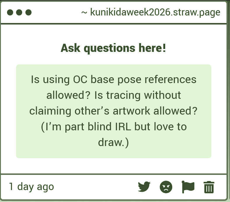 KnkdWeek's tweet photo. There's nothing wrong with using references, use them as much as you need.
However, tracing without claiming other people's artwork is not allowed during the event, unless the base maker permits it. https://t.co/eM0BBImDF6
