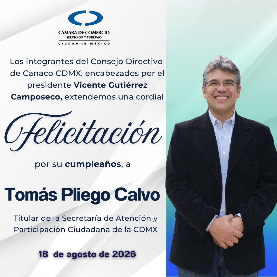 CANACOMexico's tweet photo. Los integrantes del Consejo Directivo de la #CanacoCDMX, encabezados por Vicente Gutierrez Camposeco  , extendemos una cordial felicitación en su cumpleaños a Tomás Pliego Calvo, titular de la @SAPCI_CDMX https://t.co/DHUMvaJbwr
