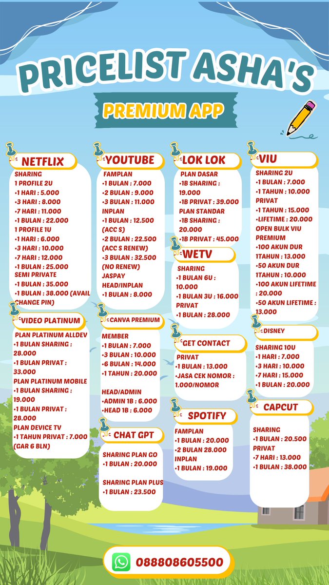 soimayyy's tweet photo. PRICELIST PREMIUM APP BY ASHA'S

langsung aja japri ke no yang tertera ya guys, trusted no tipu tipu.
join grup banyak promonya guys, sampe top up robux dan frefire!!!

#zonauangㅤ https://t.co/B2zVB5vx2F