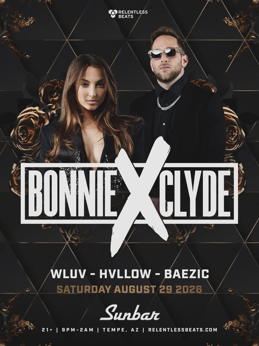 RelentlessBeats's tweet photo. #SupportAnnounce: Partners in crime need a crew 🖤 WLUV, HVLLOW &amp; BAEZIC join Bonnie x Clyde at Sunbar on August 29

Get your tickets now → https://t.co/IDHqccHrRt 🎟️ https://t.co/03BtuTl0J1
