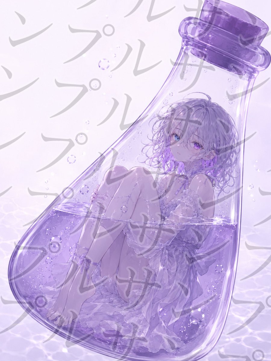 1825Lisca's tweet photo. 〔初復刻！！〕
〜無償企画第11弾〜
【フラスコの中。水と共に…】
髪型￤
髪色￤
目の色￤
性別￤
フラスコの形￤
フラスコの色￤
（各項目複雑な物はご遠慮します）

“お一人様用です”
「人数制限無し気分で締め切り」

#AIイラスト
 #無償イラスト
 #りすかのイラスト屋 https://t.co/GvUSVObpQR