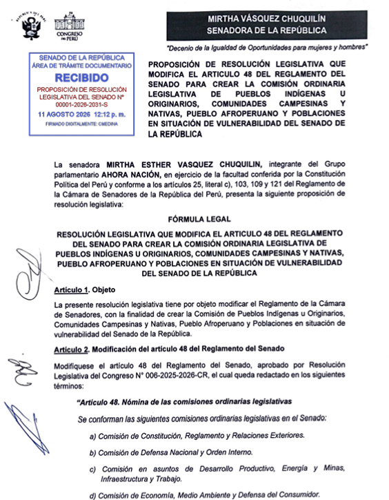 cviguria's tweet photo. Se presenta la primera proposición legislativa del Senado a través de Mirtha Vásquez (Ahora nación). Se trata de una modificación al reglamento del Senado para crear la comisión ordinaria de pueblos indígenas u originarios, comunidades campesinas, nativas, pueblo afroperuano y poblaciones en situaciones de vulnerabilidad del Senado. 

Mientras tanto, en la cámara de diputados, se están presentando muchas más normas para derogar las leyes procrimen. 

Ya van tres semanas de Congreso y ya se han presentado proyectos que buscan eliminar las leyes procrimen y pro impunidad. 

El problema es que hay proyectos, pero todavía no instalan las comisiones. 

Proyectos pasarán a la comisión de Justicia, ahora a cargo de Renovación popular con Katherine Ampuero, quien ha cuestionado la norma que amplía la competencia de los fueros militares y policiales.