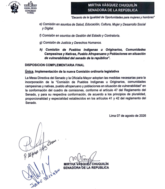 cviguria's tweet photo. Se presenta la primera proposición legislativa del Senado a través de Mirtha Vásquez (Ahora nación). Se trata de una modificación al reglamento del Senado para crear la comisión ordinaria de pueblos indígenas u originarios, comunidades campesinas, nativas, pueblo afroperuano y poblaciones en situaciones de vulnerabilidad del Senado. 

Mientras tanto, en la cámara de diputados, se están presentando muchas más normas para derogar las leyes procrimen. 

Ya van tres semanas de Congreso y ya se han presentado proyectos que buscan eliminar las leyes procrimen y pro impunidad. 

El problema es que hay proyectos, pero todavía no instalan las comisiones. 

Proyectos pasarán a la comisión de Justicia, ahora a cargo de Renovación popular con Katherine Ampuero, quien ha cuestionado la norma que amplía la competencia de los fueros militares y policiales.