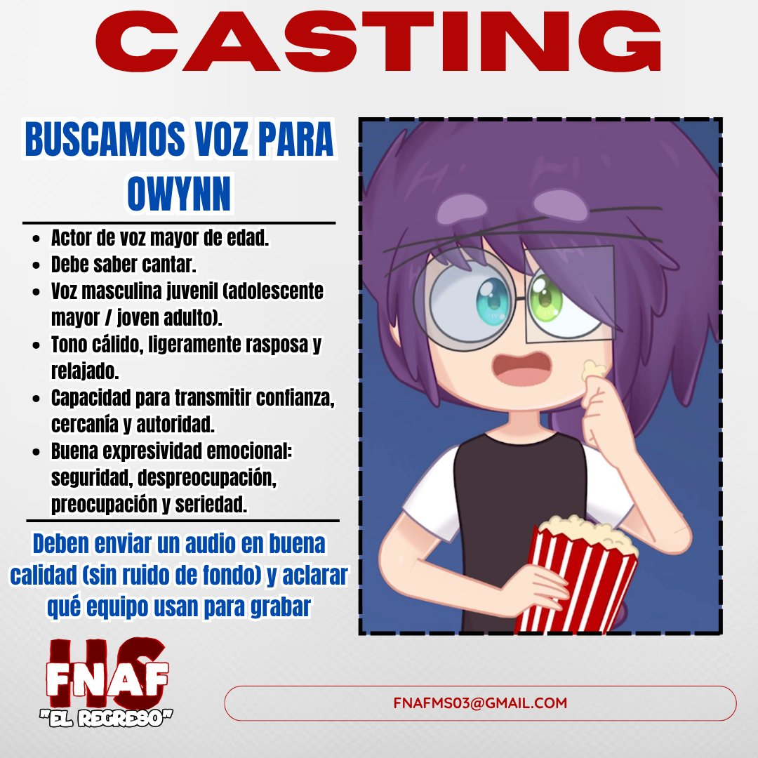 FHS_ElRegreso's tweet photo. -𝗔𝗨𝗗𝗜𝗖𝗜𝗢𝗡𝗘𝗦 𝗔𝗕𝗜𝗘𝗥𝗧𝗔𝗦- 💖🎙️
¡Buscamos voz para Owynn! Sigue las indicaciones y mándanos tus audios por: fnafms03@gmail.com
Cualquier duda déjalo en los comentarios ✌️
#FHS_ElRegreso #FHSRE #fhs #FNAFHS #fhstwt #fandub #audiciones #Doblaje https://t.co/oo8Klj0g8s