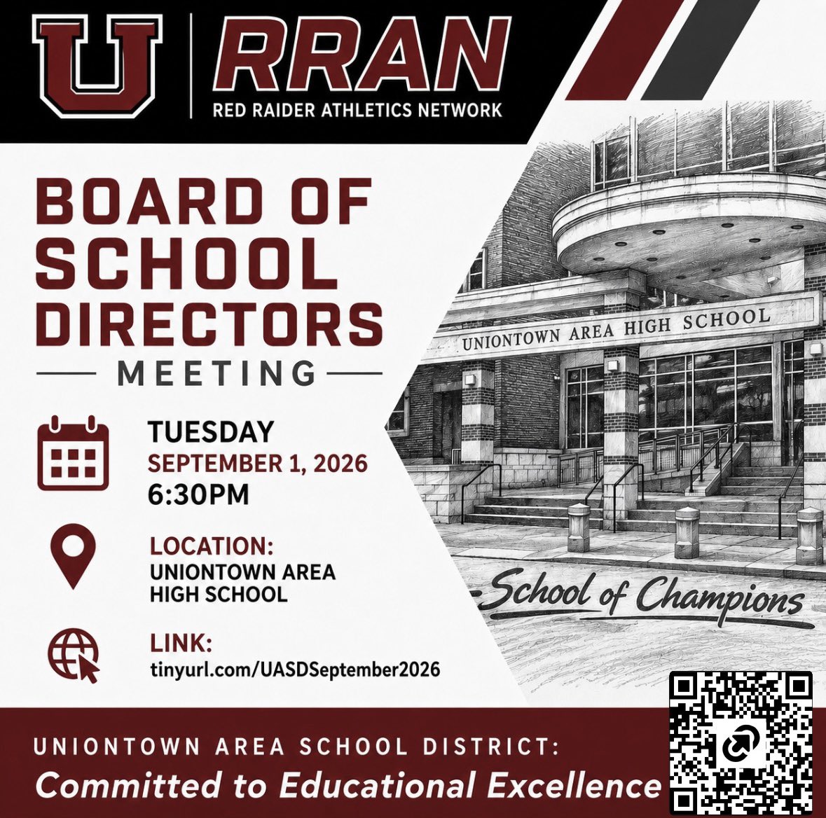 jojascully's tweet photo. The Red Raider Athletics Network will continue to broadcast Uniontown Area School District Board of School Directors meetings during the 2026/2027 school year. Check the included link or QR code on each graphic to watch!
#RRAN #HUDL https://t.co/34IA0LGR7r