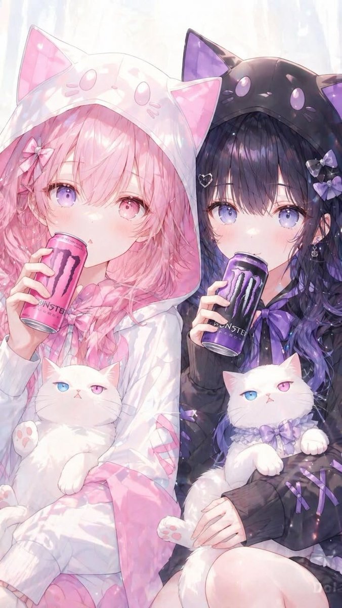 lpxm_1's tweet photo. 「今日もふたりでまったりだね～😽💓
モンスター飲みながら、ねこちゃんも一緒にまったりタイム～🍹🐈
ピンクと紫でおそろいコーデ、めっちゃ可愛くない？🥰✨
ずっと一緒にいようね～💗」 https://t.co/7s8jGIHUoP