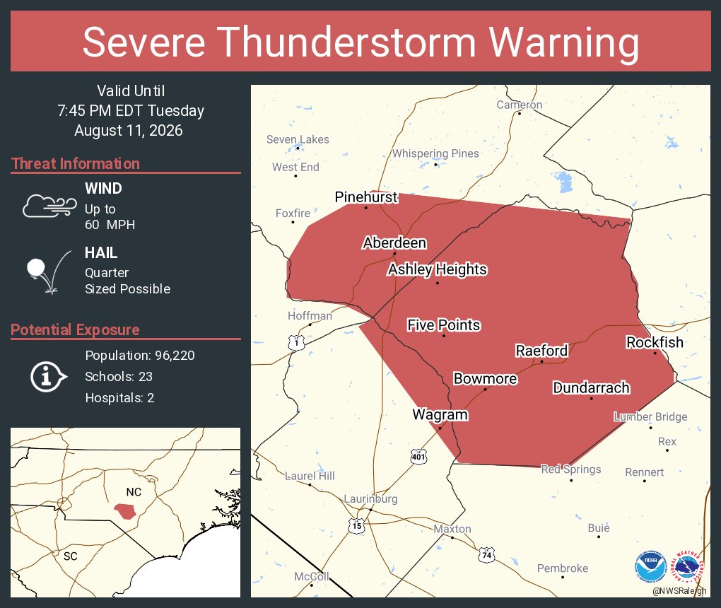 NWSRaleigh's tweet photo. Severe Thunderstorm Warning including Pinehurst NC, Southern Pines NC and  Aberdeen NC until 7:45 PM EDT https://t.co/cMMEe7Cbvg