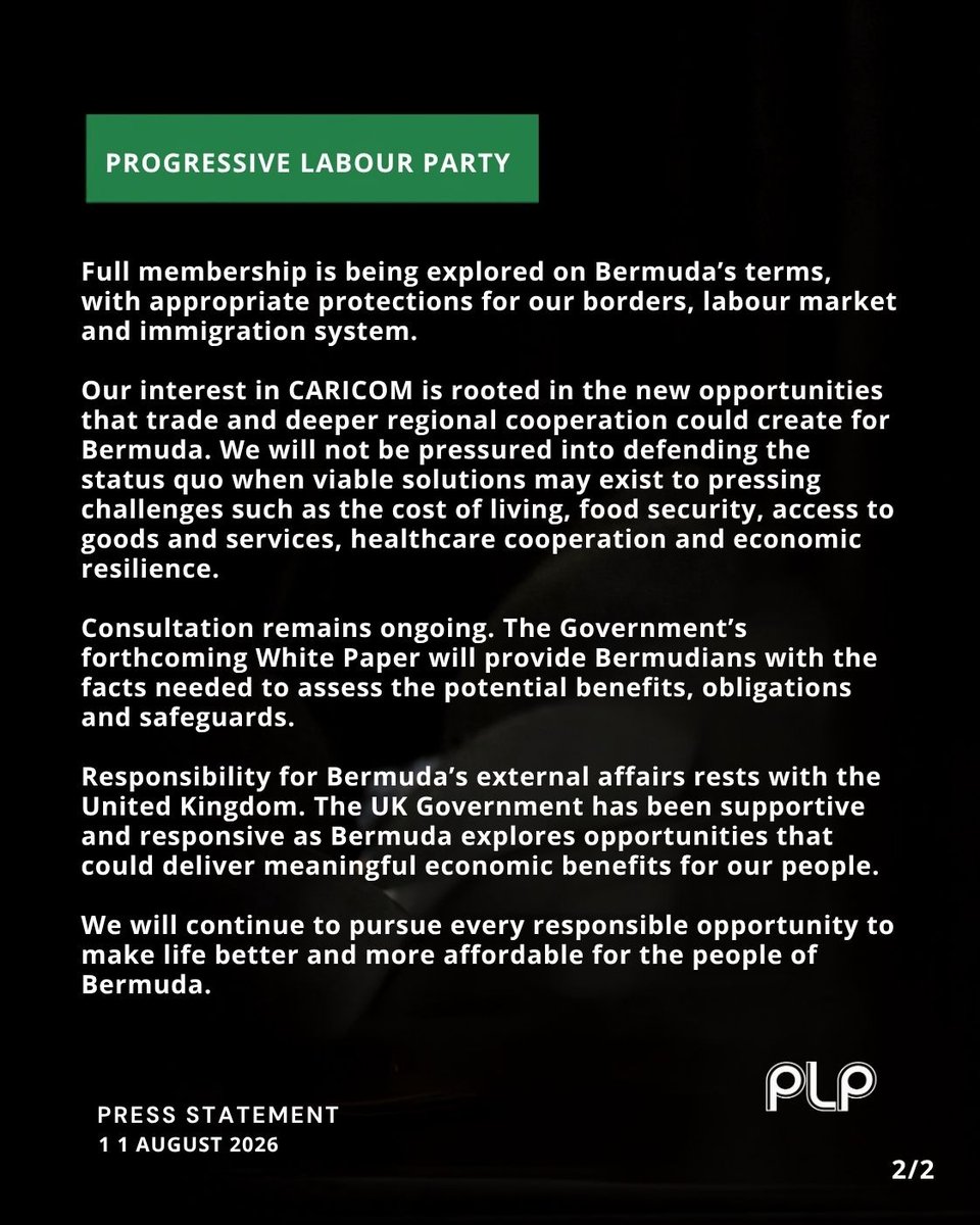 alexaservesc14's tweet photo. The Progressive Labour Party recognises Bermuda’s longstanding and mutually beneficial relationship with the United States. The PLP Government will not pursue any course of action that jeopardises this vital relationship or Bermudians’ ability to travel to the United States.

Our interest in CARICOM is rooted in the new opportunities that trade and deeper regional cooperation could create for Bermuda. We will not be pressured into defending the status quo when viable solutions may exist to pressing challenges such as the cost of living, food security, access to goods and services, healthcare cooperation and economic resilience

Read the PLP’s full statement for the facts. 🇧🇲