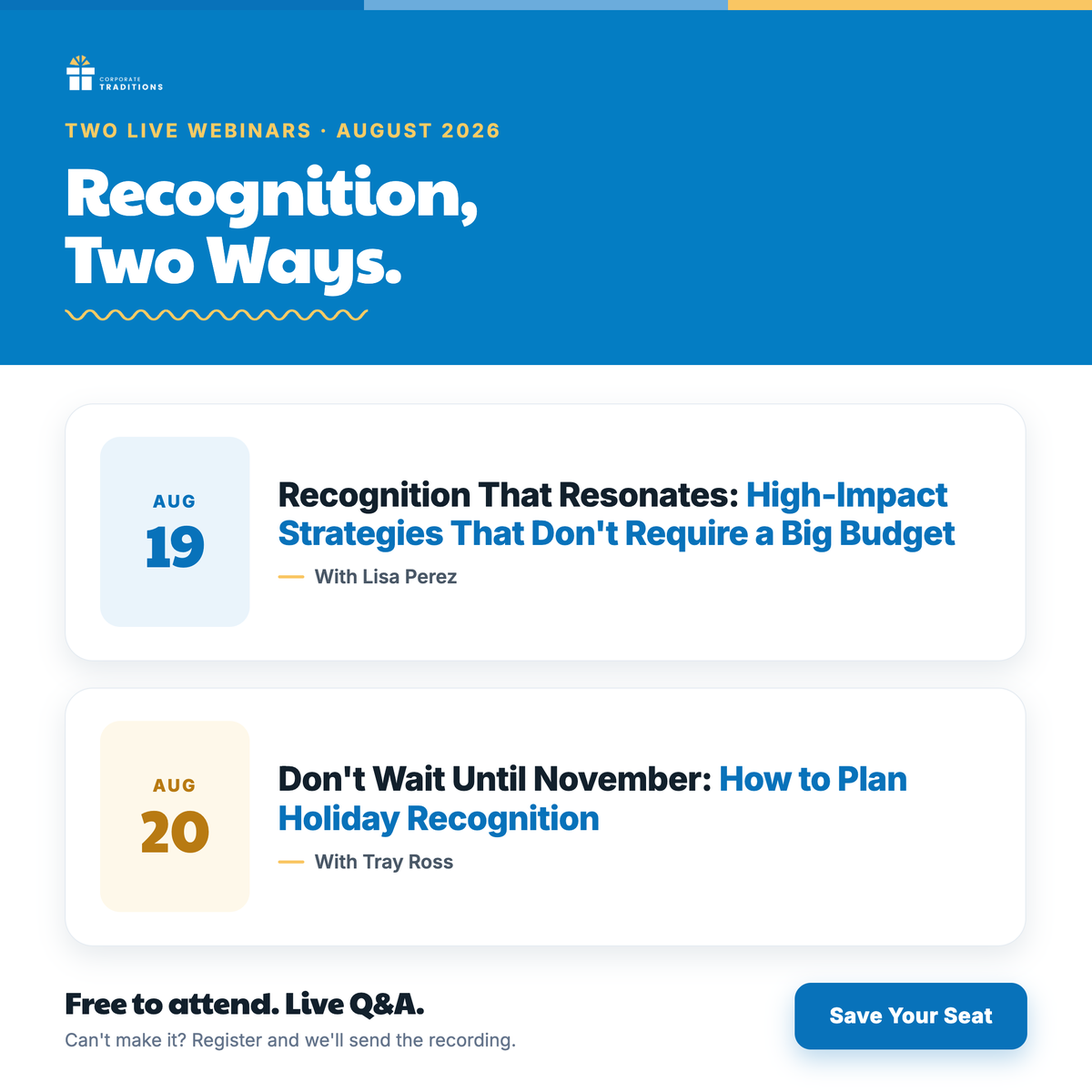 Corp_Traditions's tweet photo. Earn up to 2 HRCI/SHRM recert credits in one week. 🙌

📅 Aug 19: Recognition That Resonates (Lisa Perez, SPHR, SHRM-SCP)
https://t.co/FEmTmFViO7

 📅 Aug 20: Don't Wait Until November (Tray Ross + @FD1conference)
https://t.co/beedpI2IIw

1 credit per session. Save your seat 👉 https://t.co/5KtTwDqRlA