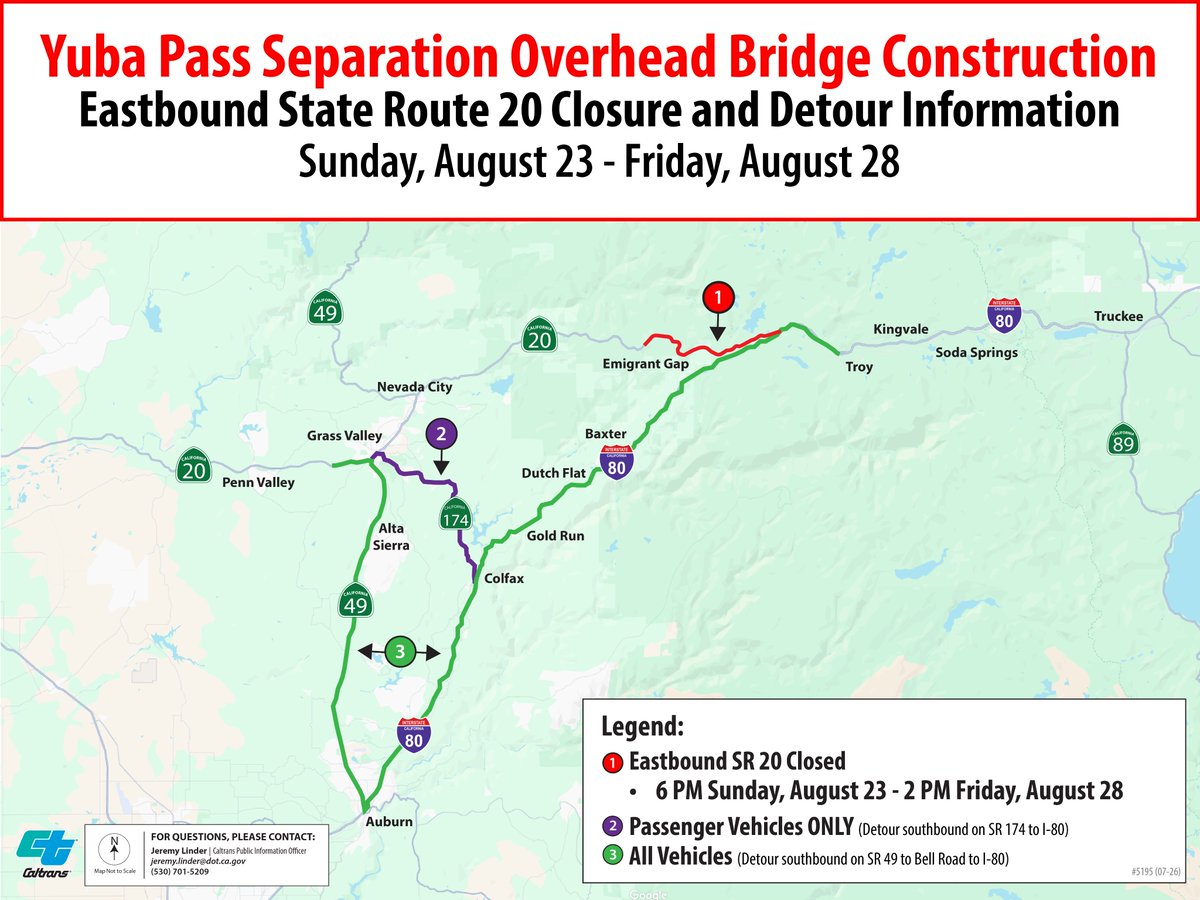 CaltransDist3's tweet photo. 📅6 p.m. Sun 8/23 - 2 p.m. Fri 8/28
🚗Continue using SR 49 &amp; 174 (passenger vehicles only) as a detour.
🗺️Westbound SR 20 remains open.
📲Check QuickMap for updates and real-time roadway conditions. https://t.co/fwDtt9uilN
