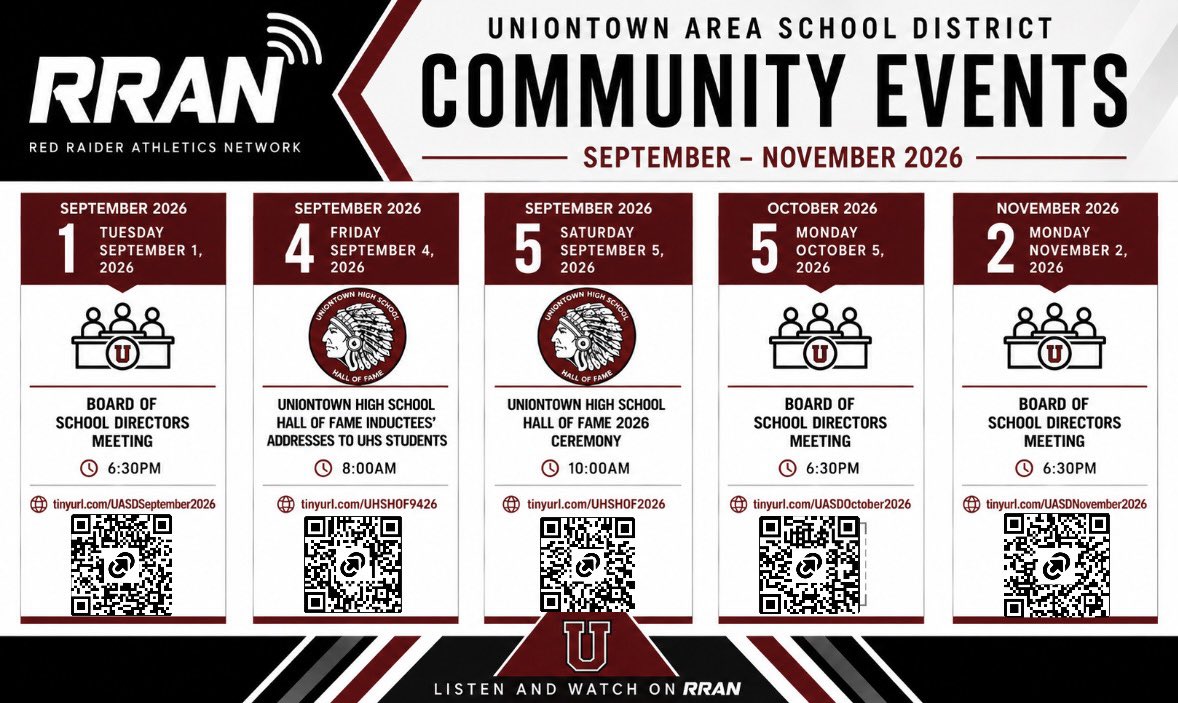 jojascully's tweet photo. Watch the Uniontown High School Hall of Fame activities on the Red Raider Athletics Network! Uniontown will host Ambridge for the Hall of Fame game on Friday, September 4, 2026.
#RRAN #HUDL https://t.co/oh93H5nrup