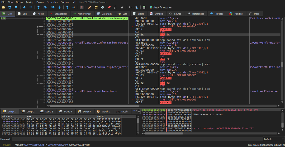 lookatrobot's tweet photo. I found `syscall` of a windows_API function.
#debugging #cpp #lowlevel https://t.co/b3eb18bn8R