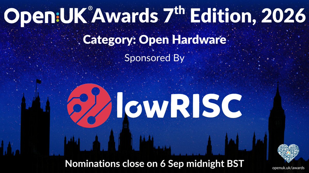 openuk_uk's tweet photo. OpenUK 7th Annual Awards, Open Hardware category nominations are now open until 6 September. Nominate yourself or a colleague: https://t.co/L70DvcNTMV

Massive thanks to our open hardware category sponsor @lowRISC  💫

A short list of up to 3 finalists will be shared by our Judges on 15 September.

Shortlisted nominees will be invited to our Gala Awards Ceremony and Dinner, where the winners will be revealed.

#openhardware #opensource #opensourcesoftware #openukawards