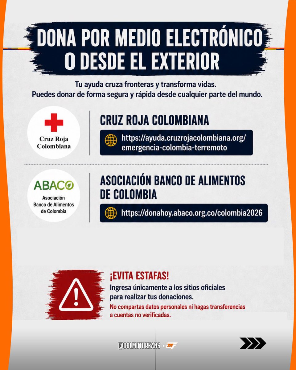 ColMotorFans's tweet photo. Si prefieres donar por medios electrónicos, o si estás fuera de Colombia, aquí te dejo dos opciones 

Eso si SIEMPRE verifica que estés en el sitio web oficial de la entidad antes de realizar el pago. Evita estafas. https://t.co/M2uzQcQ3BD