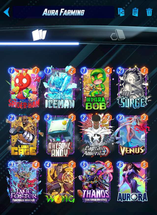 KMBestMS's tweet photo. I've been really enjoying this Aurora list that Honifer made, it climbed really well for me into the Top 10!

You want Red/Blue on Thanos, play him on Wong, he makes a bunch of Wongs, then you Aurora.

He can also just be Upgraded Thing FS. https://t.co/6tFNcqB1XH