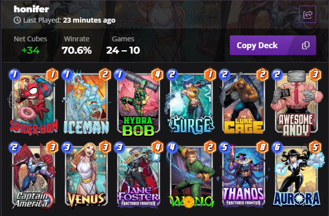 KMBestMS's tweet photo. I've been really enjoying this Aurora list that Honifer made, it climbed really well for me into the Top 10!

You want Red/Blue on Thanos, play him on Wong, he makes a bunch of Wongs, then you Aurora.

He can also just be Upgraded Thing FS. https://t.co/6tFNcqB1XH