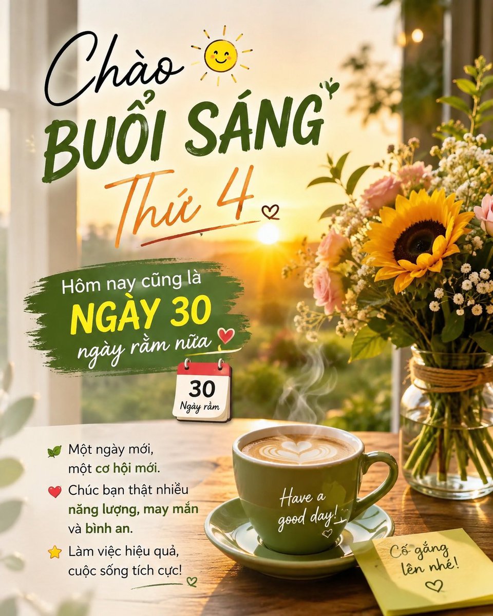 SHartsough15894's tweet photo. 🌅 Chào buổi sáng Thứ 4!
Hôm nay cũng là ngày 30 – ngày Rằm 🌕✨
Chúc mọi người một ngày thật nhiều năng lượng, may mắn, bình an và thuận lợi.
Ngày mới, khởi đầu mới, cùng nhau cố gắng và đón thật nhiều điều tốt đẹp nhé! ❤️🍀
#ChaoBuoiSang #Thu4 #NgayRam #ChucNgayMoi #NangLuongTichCuc