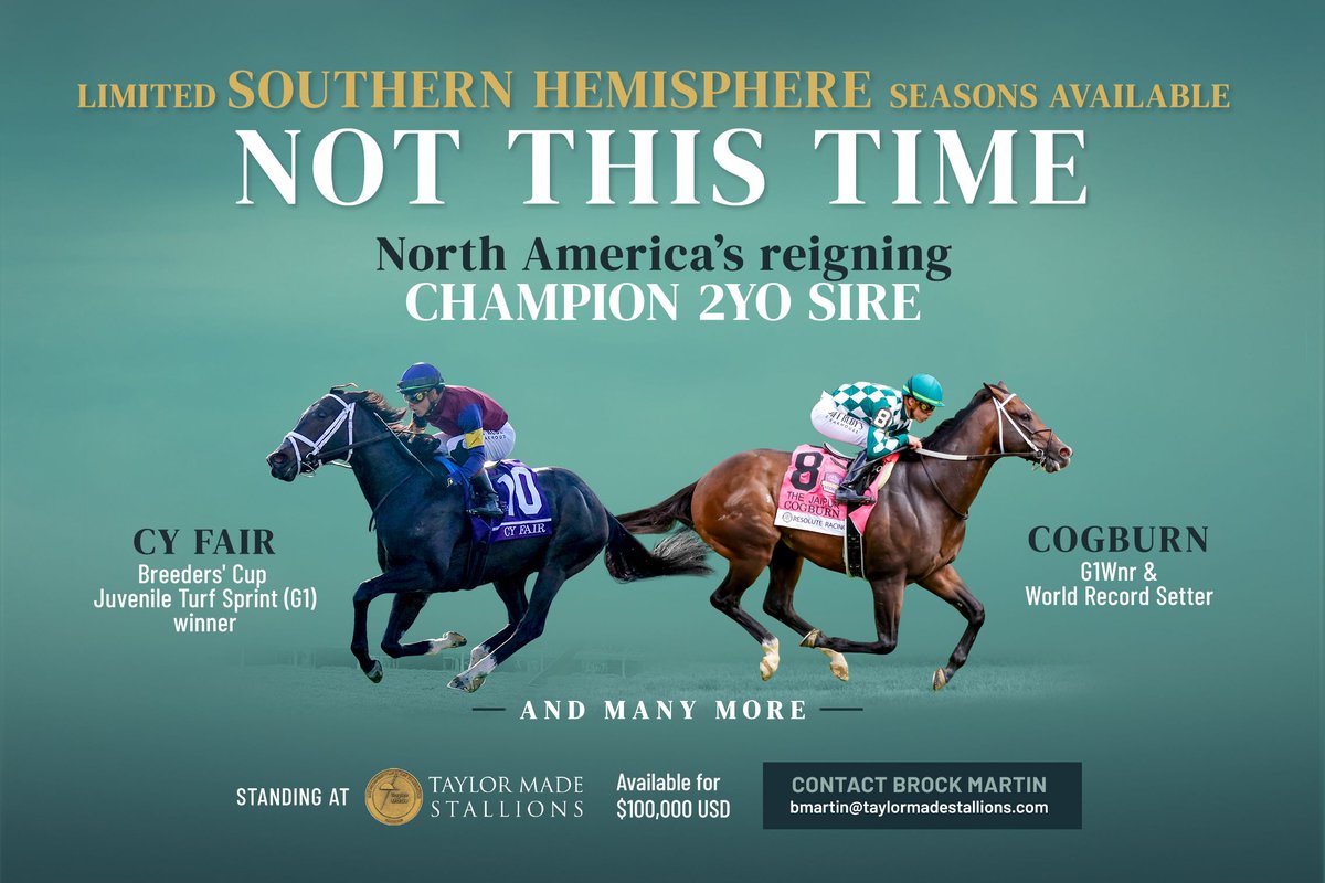 anz_news's tweet photo. Limited Southern Hemisphere seasons available 👏

NOT THIS TIME @TMStallions 🐎 

North America's reigning Champion 2YO sire 👑 

https://t.co/eDTJ3vhLCe https://t.co/ittAOf2uXM