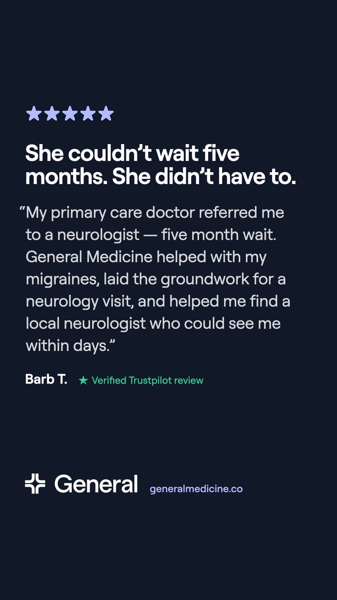 GeneralMedicine's tweet photo. Referral sent. Five-month wait. Migraines, still happening.

That's where Barb's care could've stalled.

General Medicine stepped in — treating the migraines directly, laying the groundwork for the neurology visit ahead, and connecting her with a local neurologist who saw her within days.

If a specialist wait has you stuck in the meantime, tell us what's going on. We'll help you use the time, not lose it.