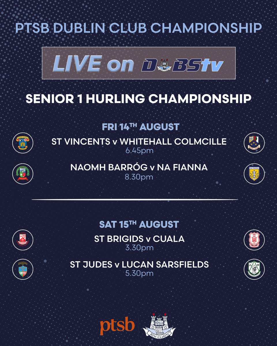 DubGAAOfficial's tweet photo. Another busy weekend of DubsTV action on the way in the @PTSBIreland Dublin Senior 1 Hurling Championship, with FOUR games available to watch LIVE & for free. 

@StVincentsGAA1 v @WColmcille 
@nbarrog v @clgNaFianna 
@StBrigidsGAA v @CualaCLG 
@clgnaomhjude v @GAALucan 

📺 Sign up here ➡️ https://t.co/jsAnZGwZfj

#PTSBChampionships
