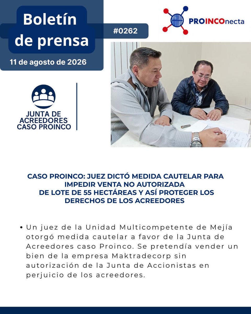 Proinconecta's tweet photo. #BoletínDePrensa | Caso Proinco: Juez dictó medida cautelar para impedir venta no autorizada de lote de 55 hectáreas y así proteger los derechos de los acreedores 
#DerechosDeLosAcreedores #CasoProinco #Justicia
@manavisionec 
@revistavistazo 
@radio_pichincha 
@SuperintEC https://t.co/UHRlGWL8tS