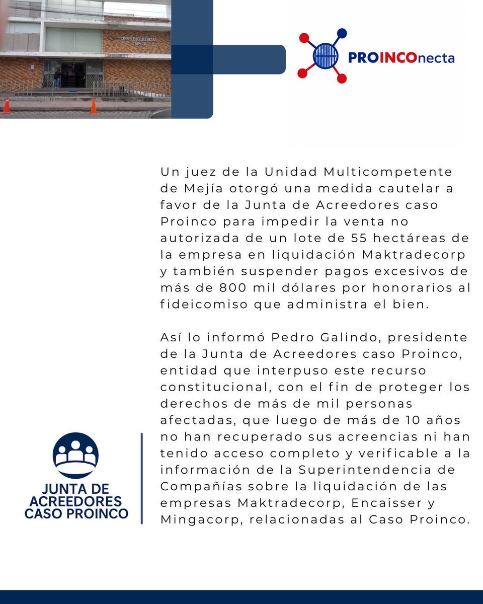Proinconecta's tweet photo. #BoletínDePrensa | Caso Proinco: Juez dictó medida cautelar para impedir venta no autorizada de lote de 55 hectáreas y así proteger los derechos de los acreedores 
#DerechosDeLosAcreedores #CasoProinco #Justicia
@manavisionec 
@revistavistazo 
@radio_pichincha 
@SuperintEC https://t.co/UHRlGWL8tS