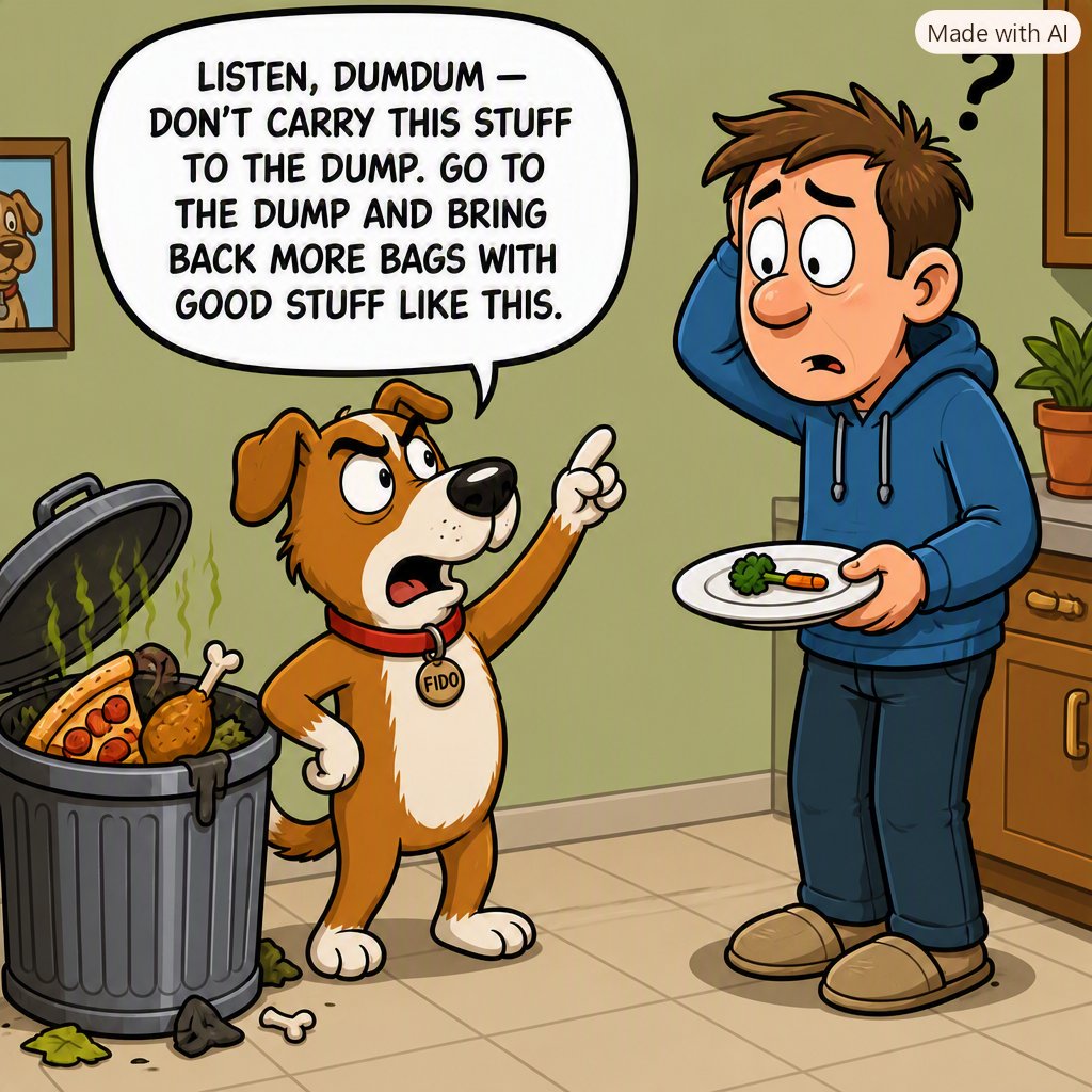 MfG37314's tweet photo. Finally got AI to translate what my dog was trying to tell me. 
Fido explained how us humans are stupid in the we take the bags of the best smelling stuff in the kitchen and carry it to the dump.   He said we need to bring bags of that good smelling stuff home from the dump . https://t.co/eLIK4fxf9v