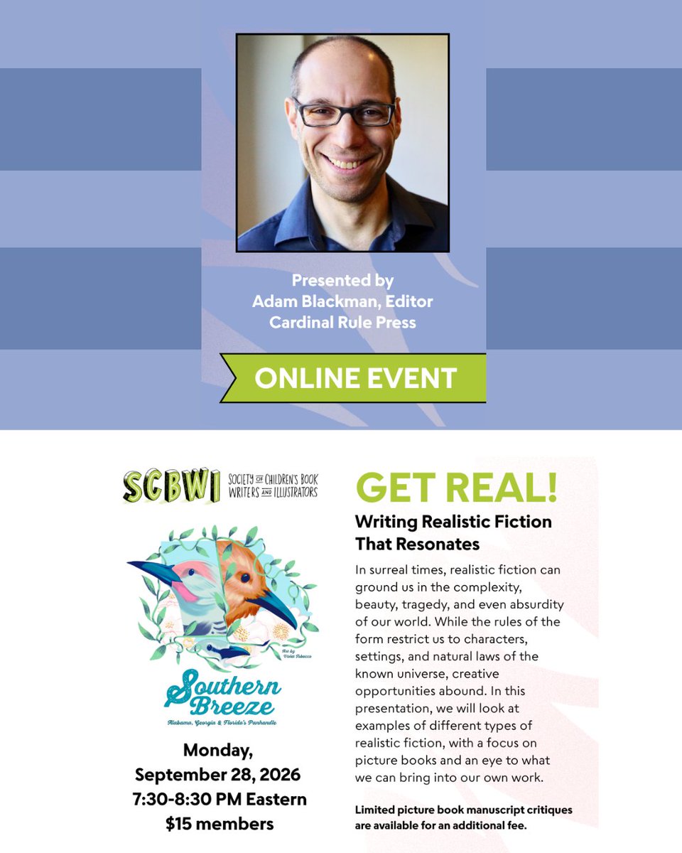 SCBWI_IL's tweet photo. MARK YOUR CALENDARS!

Get Real! Writing Realistic Fiction That Resonates with Editor Adam Blackman
Hosted by: Southern Breeze
More info at: https://t.co/t84KYP4AIl https://t.co/AHA2JURXwb