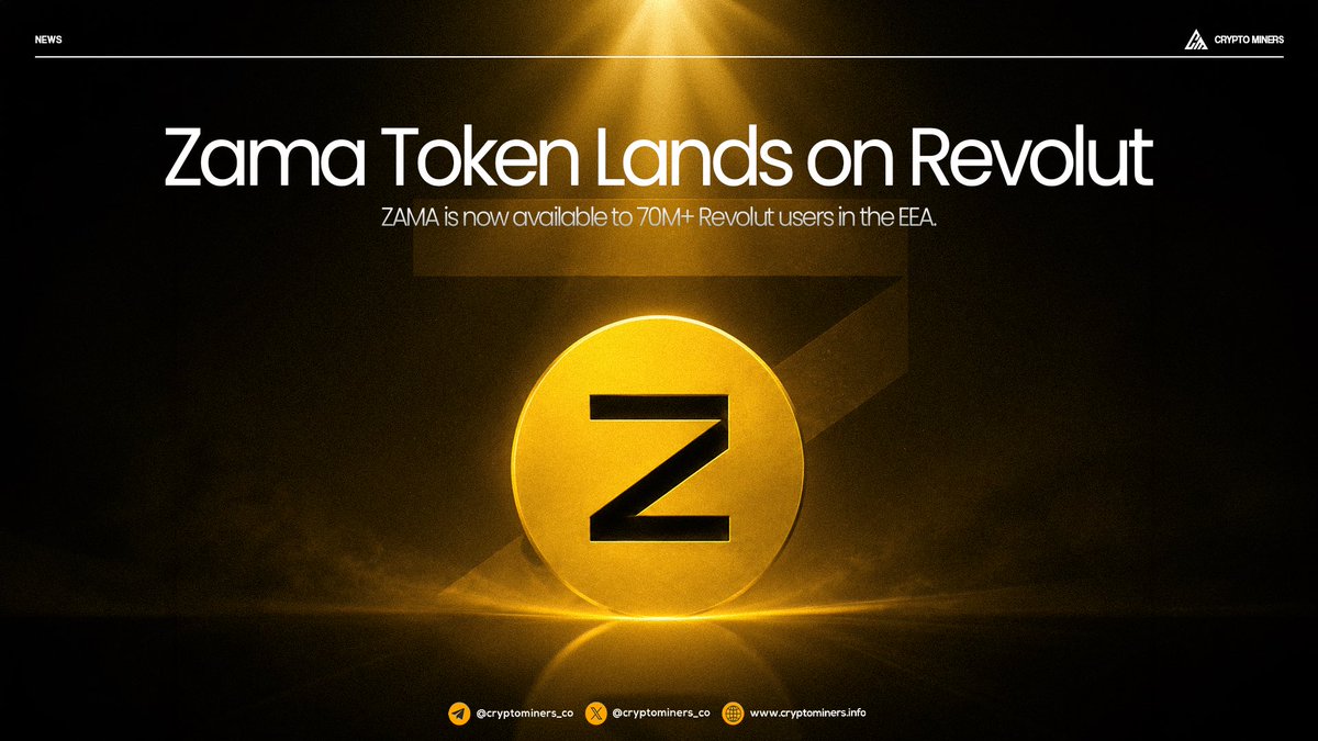CryptoMiners_Co's tweet photo. Zama brings ZAMA token to Revolut

@zama has listed its native ZAMA token on @Revolut across the EEA, giving the fintech’s 70M+ customers access to the privacy-focused blockchain project.

Revolut users can buy, hold and withdraw $ZAMA to self-custody wallets, while Zama uses fully homomorphic encryption to keep onchain balances and transactions encrypted.