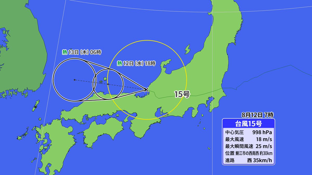 yazawa_tsuyoshi's tweet photo. 台風大丈夫だったでしょうか？
このあとも１５号は西へ進み、日本海へ抜けて熱帯低気圧に変わりますが、東北～西日本は台風一過とならず影響が残ります。あちらこちらで急な雷雨となることがありますので、天気の急変に気をつけてお過ごしください。東北、東海、近畿など大雨になるおそれもあります。 https://t.co/auH1OsrhHO