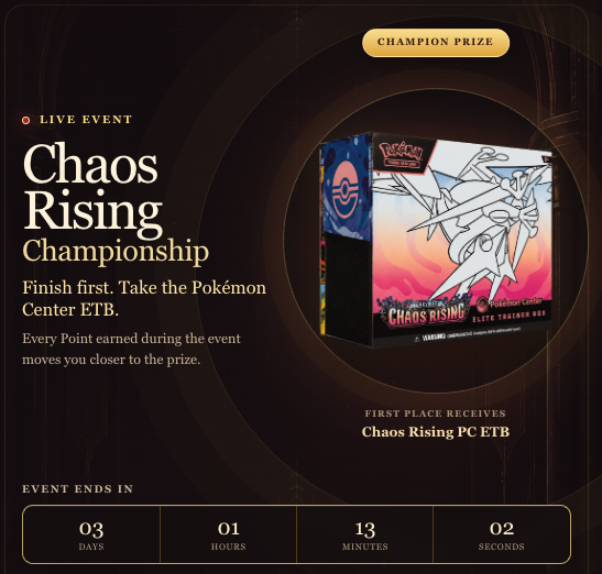 Rosentica's tweet photo. REMINDER: Chaos Rising Event ends soon!

Top the leaderboard to receive this Pokémon Center Chaos Rising ETB.

Every gacha spin, every battle moves you closer to victory.

Ascend here: https://t.co/xYP8PeDuHw 🏟️ https://t.co/GIk3PXClVw