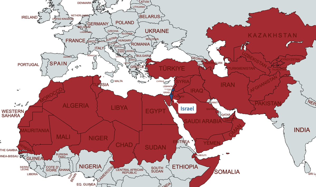 HillelNeuer's tweet photo. The real problem in the Middle East is that Israel has too much land.

🟥 Muslim+Arab countries
🟦 Jewish countries
