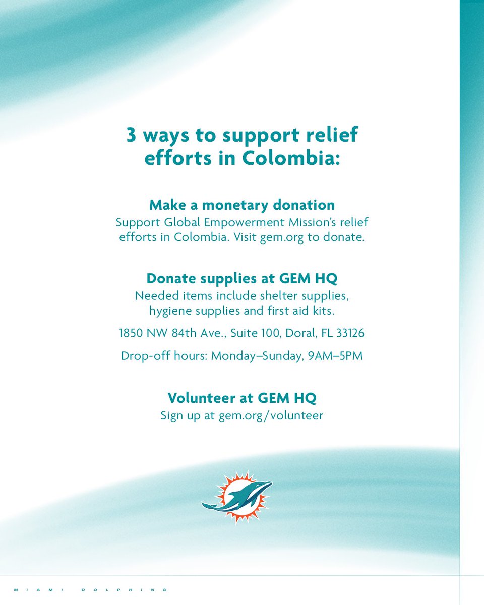 MiamiDolphins's tweet photo. Our thoughts are with the people of Colombia. 🇨🇴 https://t.co/xbSgd0H4oV