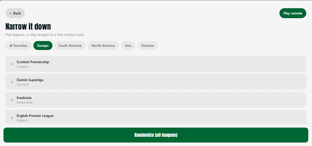 Grfxtm0's tweet photo. What's actually in it?

→ 610 real teams across 33 leagues (Premier League to K League to Saudi Pro League)
→ Filter by continent, country, or league — or go fully random
→ Works for both FIFA/FC and eFootball, correct team names for each
→ Play locally on one screen, or link remotely with a friend and roll together live, wherever you both are
→ Dark mode (obviously)
→ Full match history saved automatically