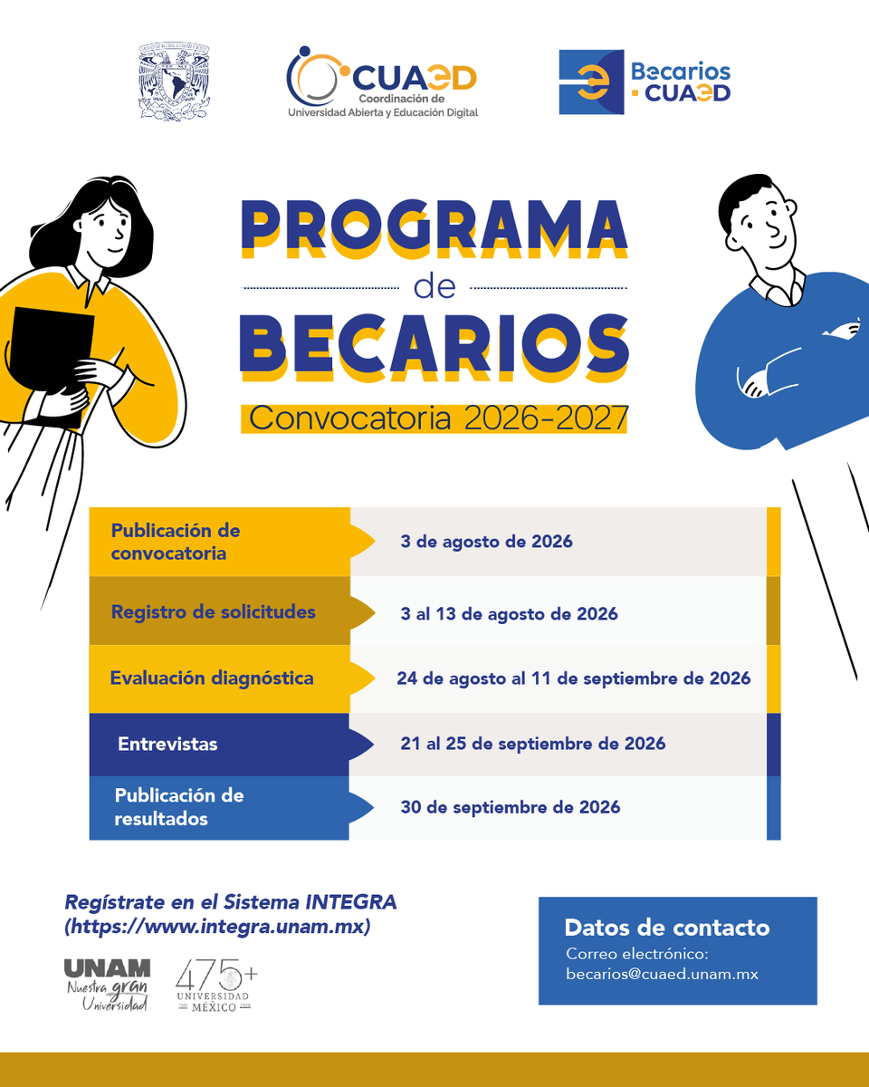 SUAyED_UNAM's tweet photo. 🎓 ¡Atención, comunidad SUAyED!

La CUAED te invita a participar en la Convocatoria del Programa de Becarios 2026–2027.

✨ Fortalece tus conocimientos y adquiere experiencia profesional.

🗓️ Regístrate hasta el 13 de agosto:
🔗 https://t.co/osEqxr9sVJ https://t.co/NJhTrYNBoq