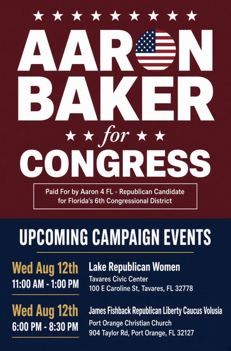 Aaron4fl6's tweet photo. Tomorrow’s events and Victory Party location announced:

🇺🇸 Any Candidates who have primaries Tuesday are welcome to join in the festivities 🇺🇸 https://t.co/g8dDb2N7NR