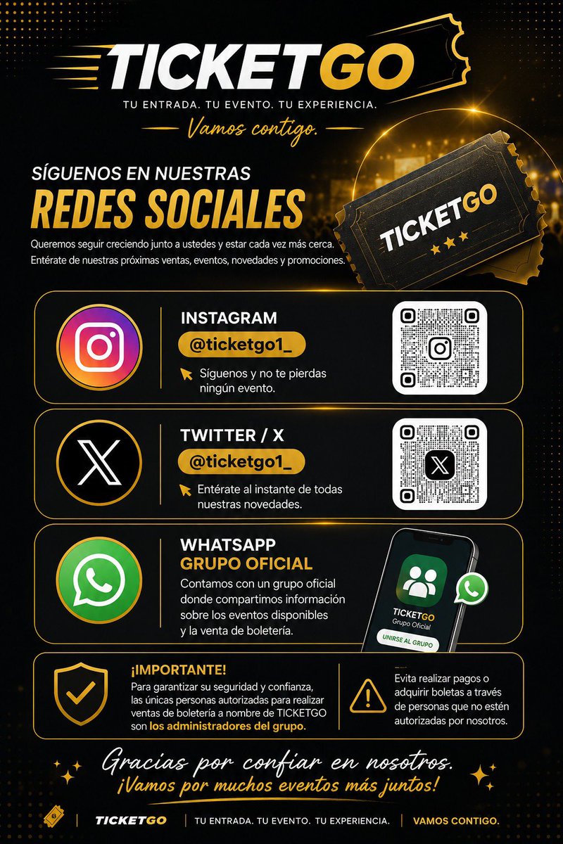 TicketGo1_'s tweet photo. 📲 ENCUÉNTRANOS EN NUESTRAS REDES SOCIALES

Queremos seguir creciendo junto a ustedes y estar cada vez más cerca. Por eso, los invitamos a seguir nuestras redes oficiales y mantenerse al día con nuestras próximas ventas, eventos, novedades y promociones. 🎟️🔥
🎟️ TICKETGO https://t.co/QmF7BiqSHG