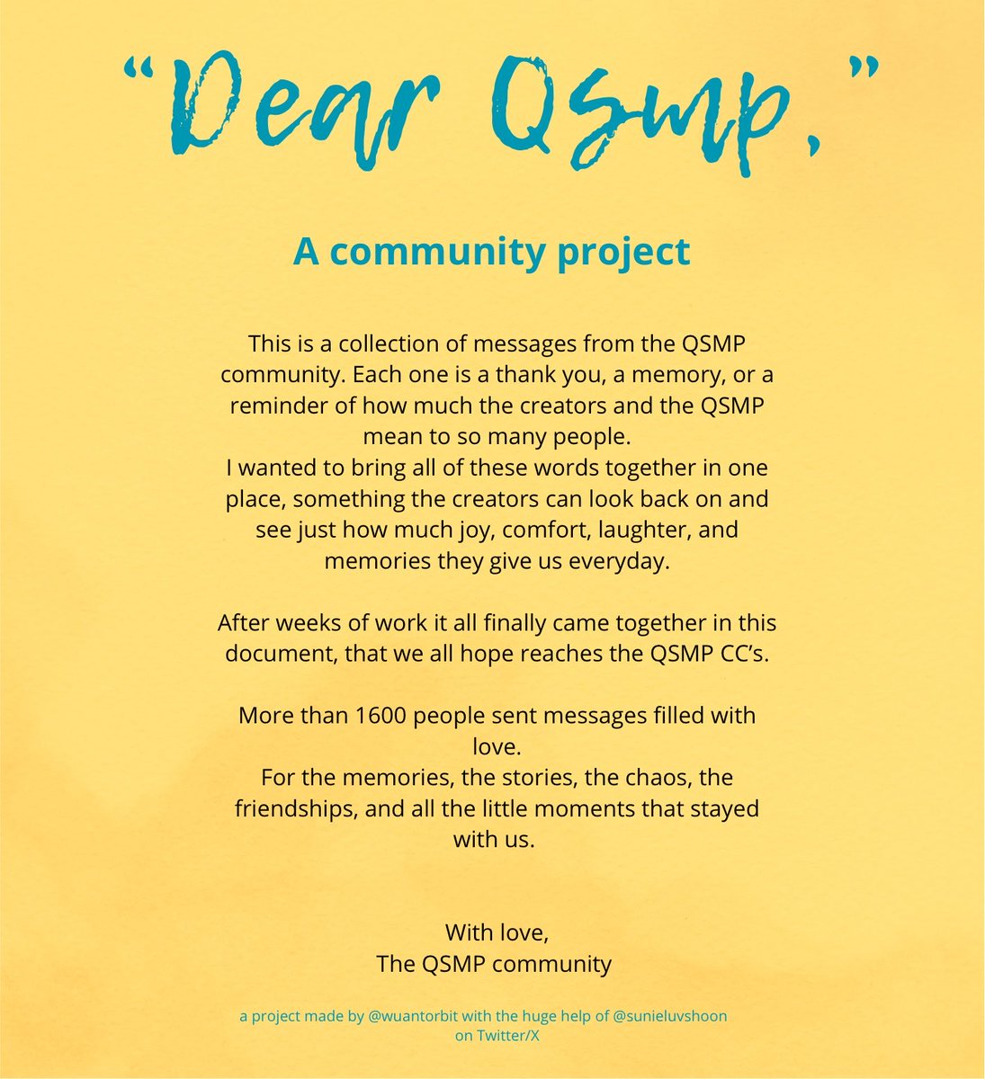 wuantorbit's tweet photo. “Dear QSMP,” 💌

The community came together to thank QSMP and all of its CCs!

Thank you to everyone who participated! Now, let’s make sure it reaches all the creators. 💛

link: https://t.co/ZoCelbFzV7

#qsmp2 #qsmp https://t.co/rHQeJdz6jY