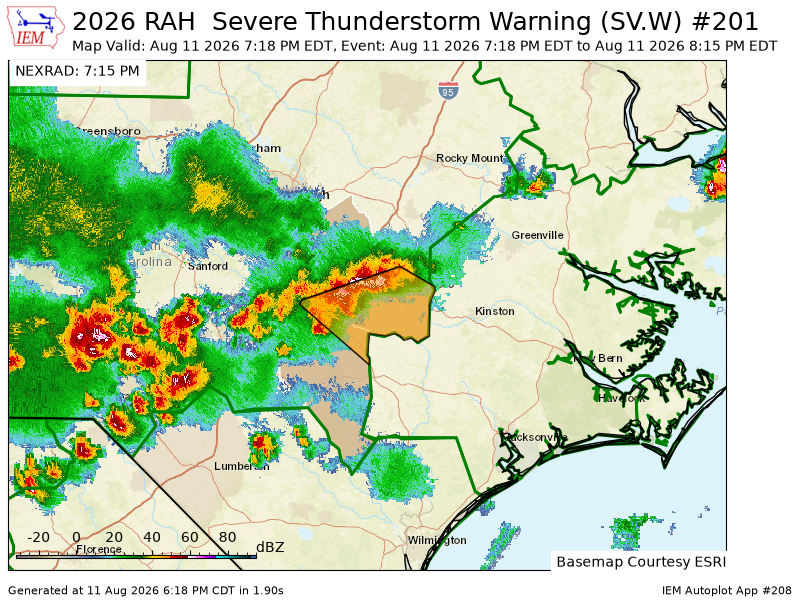 djwake1990's tweet photo. RAH issues Severe Thunderstorm Warning [wind: 60 MPH (RADAR INDICATED), hail: 1.00 IN (RADAR INDICATED)] for Johnston, Sampson, Wayne [NC] till 8:15 PM EDT https://t.co/jDVliM6YPR https://t.co/lTseJarqj0