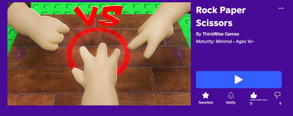 igcelrblx's tweet photo. 🪨📄✂️
One month of Rock Paper Scissors!
Four weeks in &amp; loaded with updates: Console support, achievements, improved gameplay!
Early ratings are tough due to targeted downvotes - dropping a 👍 on the game page helps us immensely!

🎮:
https://t.co/A4vC6LqVHG

#RobloxDev #Roblox https://t.co/BBddEGnt7S