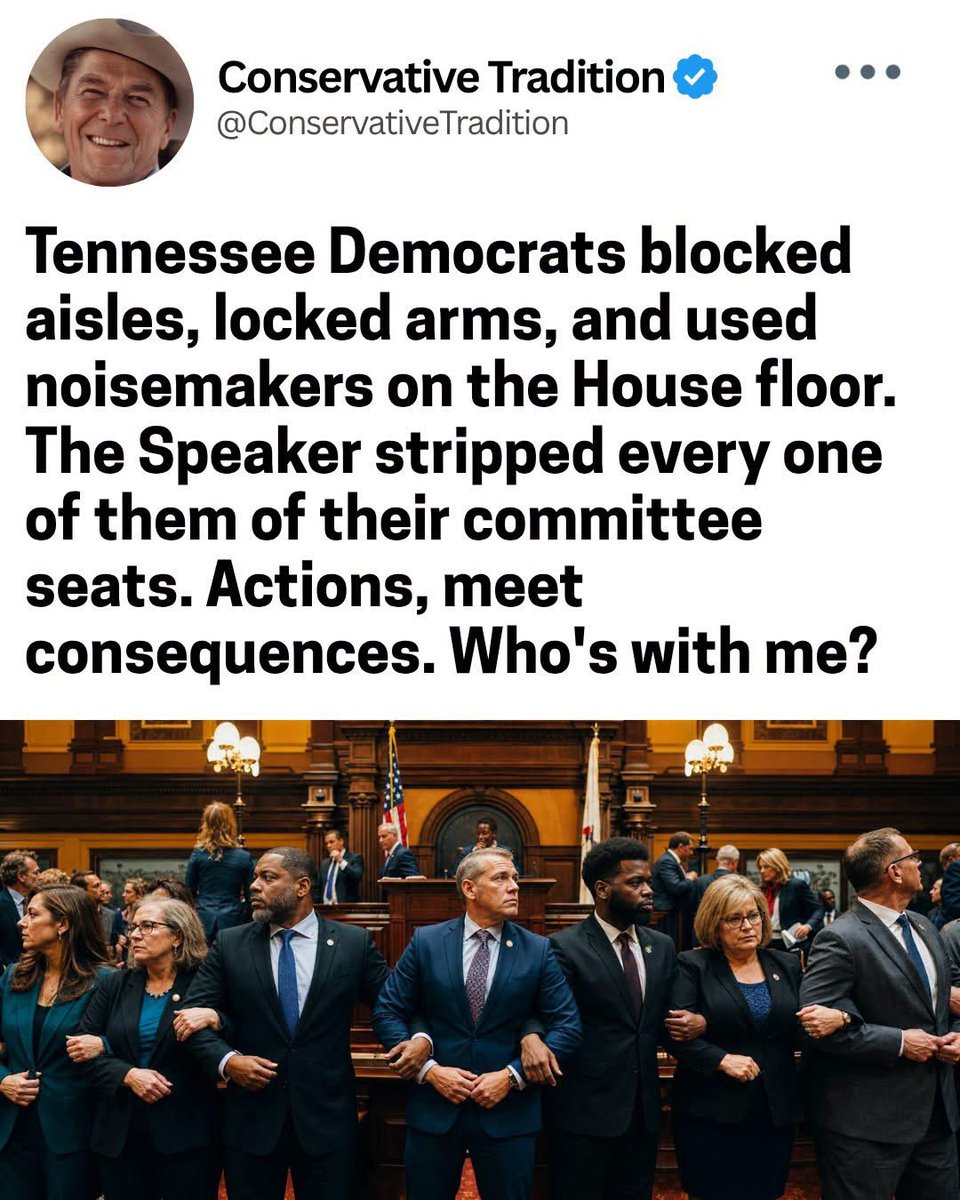 Sassafrass_84's tweet photo. Tennessee Democrats decided the rules didn’t apply to them: storming the Capitol steps, chaining themselves to doors, and screaming over the vote during the budget session. Leadership responded by locking them out of the chamber and stripping their speaking privileges. They wanted a viral moment instead of governing, and now they have neither. That’s how accountability works.