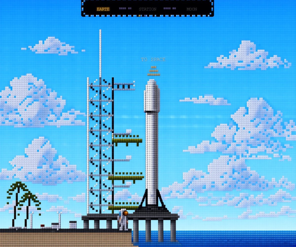 iamluisrod's tweet photo. Beach, rocket, clouds, launch pad/dock improvement. This is a knitted pixel style space game, first design from  Claude code then iterated with Midjourney references and @grok https://t.co/D768R7J3H7