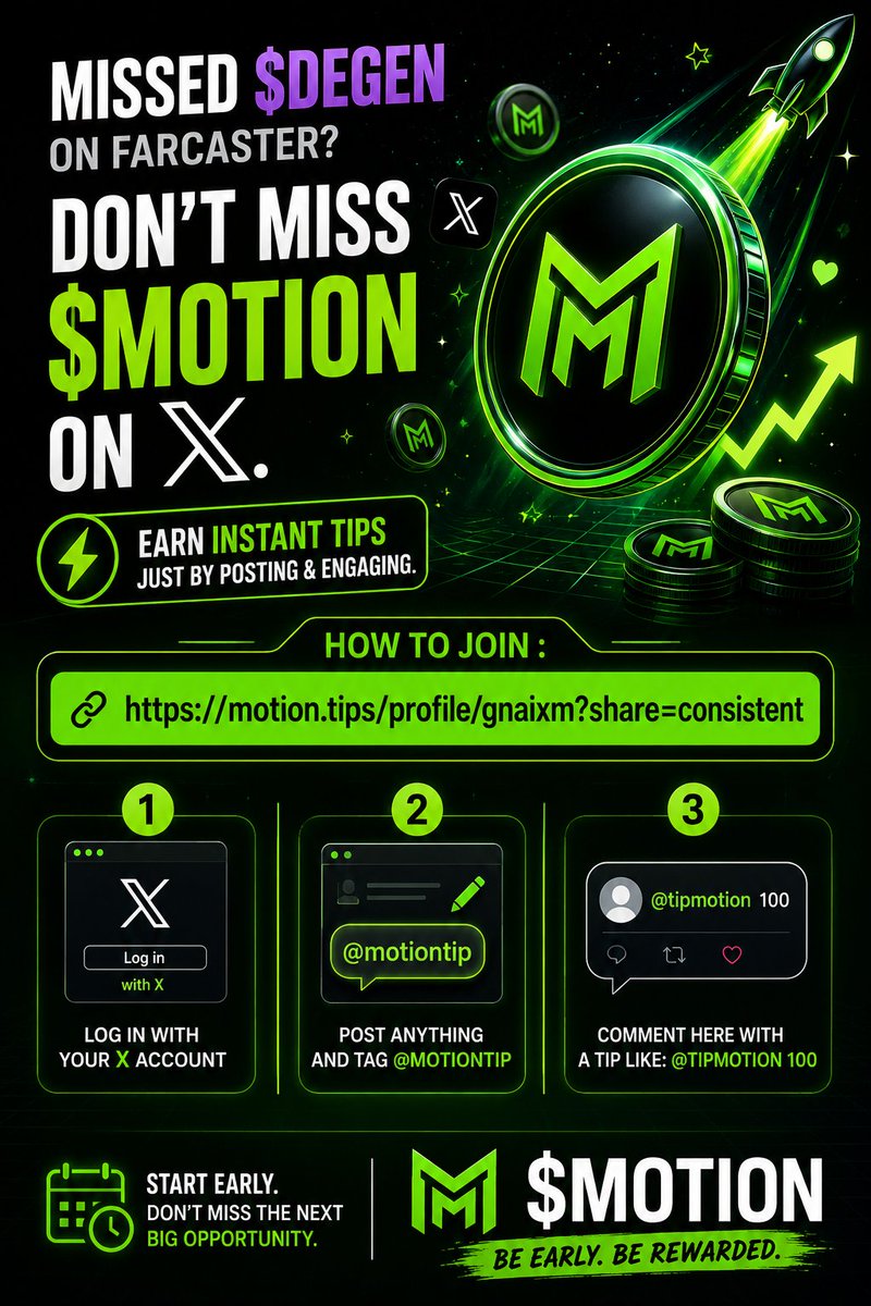gnaixm's tweet photo. Missed $DEGEN on Farcaster? 👀
Don’t miss $MOTION on X.
Earn instant tips just by posting &amp; engaging.
How to join : 

https://t.co/UXaJYSzwQ0

1. Log in with your X account
2. Post anything and tag @motiontip
3. Comment here with a tip like: @tipmotion 100

Start early.  $MOTION https://t.co/JDVbf281od