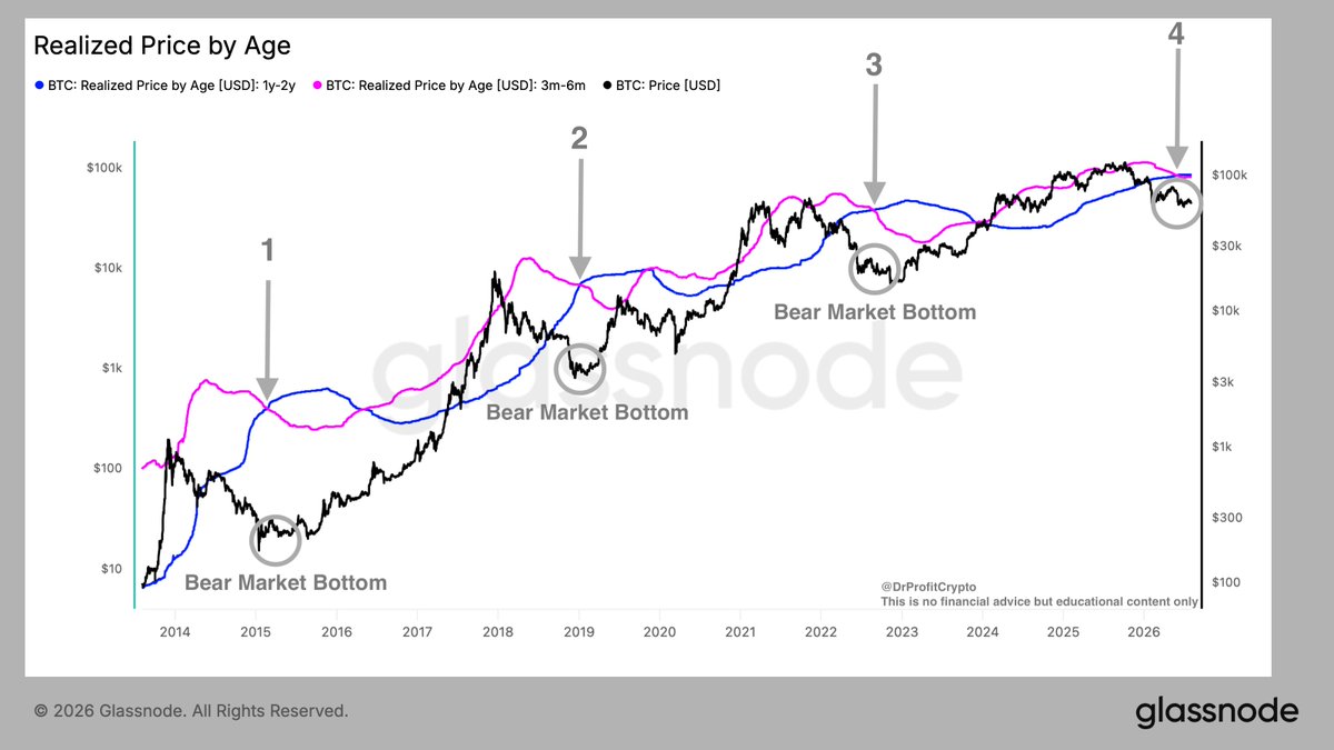 DrProfitCrypto's tweet photo. $BTC: Historic Indicator flashing bottom was in or is very close

Realized Price by Age shows the average price at which different groups of Bitcoin last moved on-chain, giving us an estimate of their cost basis. The pink line represents Bitcoin held for 3–6 months, while the blue line represents BTC held for 1–2 years.

In 2015, 2019 and 2022, the bottom-formation phase began when the pink line crossed below the blue line. This shows that newer buyers capitulated, sold at a loss and transferred their Bitcoin into stronger, longer-term hands. We are now seeing this crossover for the fourth time, while Bitcoin is trading below both groups’ average cost basis. Historically, however, this did not produce an immediate reversal, as Bitcoin continued moving sideways for months while the market formed its base which can be translated into an accumulation zone, what I spoke about in the last Sunday Reports. This is exactly what I believe we are witnessing now: a bear-market bottom formation and long-term accumulation phase. I am buying step by step between 54-64k since weeks already, and I am sharing each of my buy orders in 5% steps in real time in the premium membership only. Join now: https://t.co/Qx4dZU3sVM

This is Educational content, not financial advice.